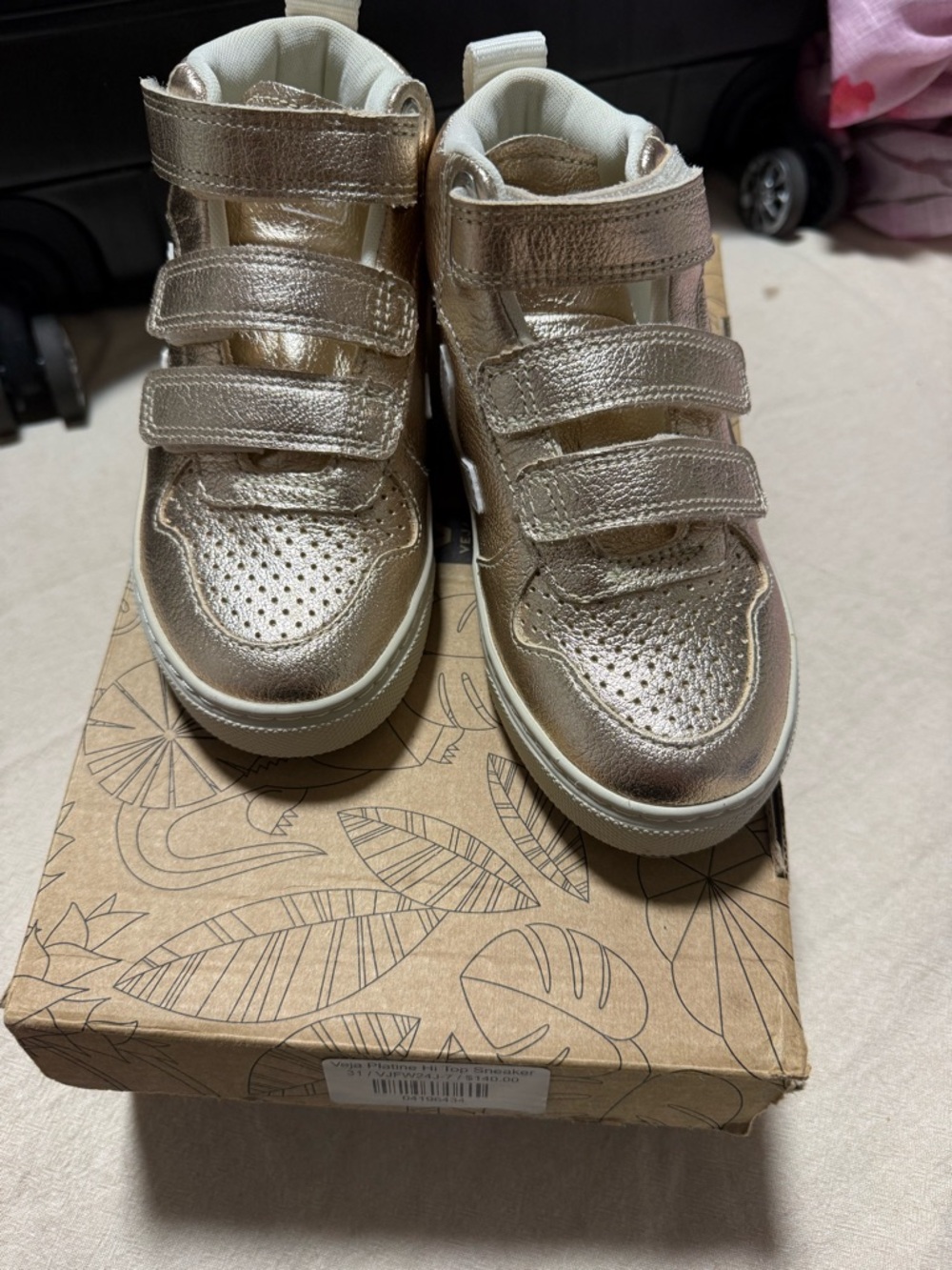 Veja Kids Metallic Rose Gold High-Top Sneakers with Triple Hook-and-Loop Straps